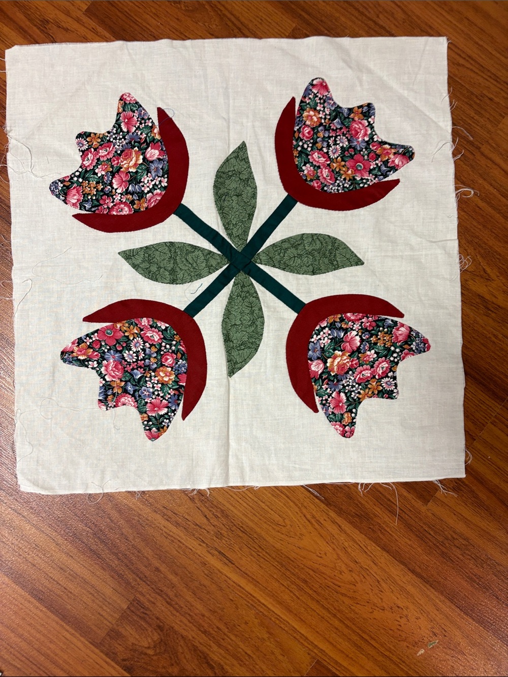 Floral Appliqué Quilt Block Pillow Top - Red, Green, Multicolor